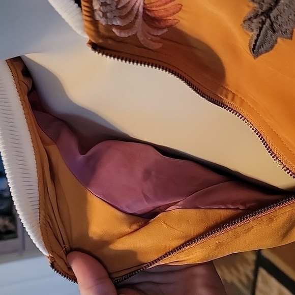 Yellow/gold Floral Embroidered Solstice Bomber Jacket Zip. Fall. Winter - Picture 6 of 8